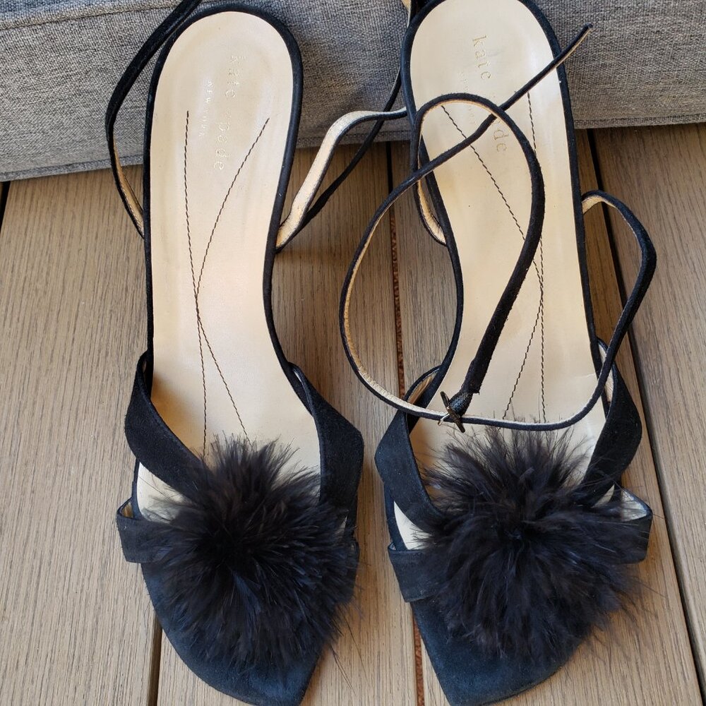 EUC kate spade pom-pom jet black heeled ankle sandals (10) - Picture 10 of 10